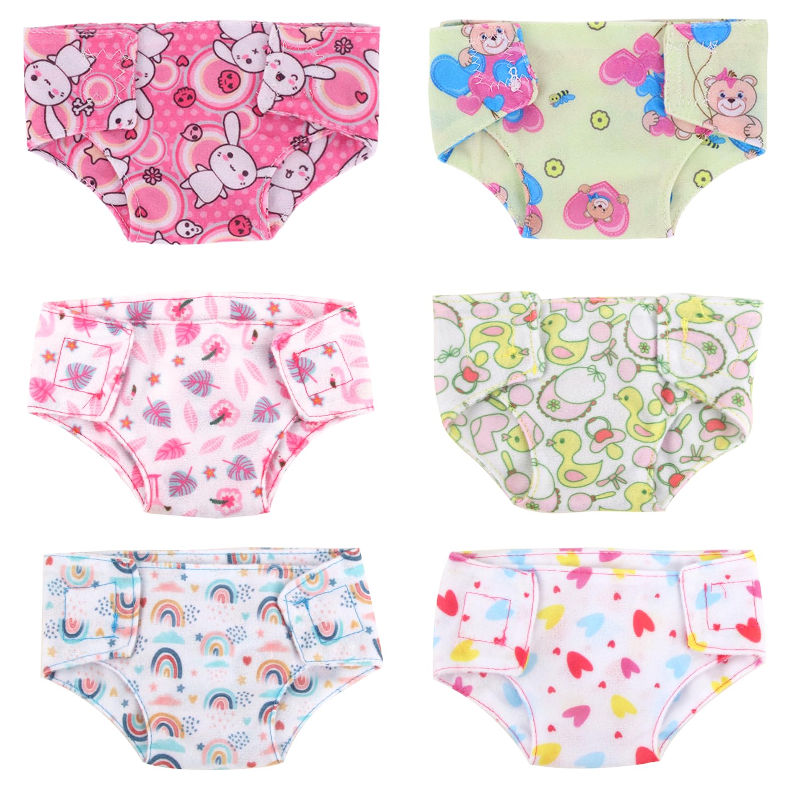 Doll Diapers for Baby Dolls 14-17 inches, 6 Pcs Cute Doll Accessories for Baby Dolls 35 38 43cm Reusable Doll Accessories 6 Different Patterns Styles Fresh Colors Gifts for Children