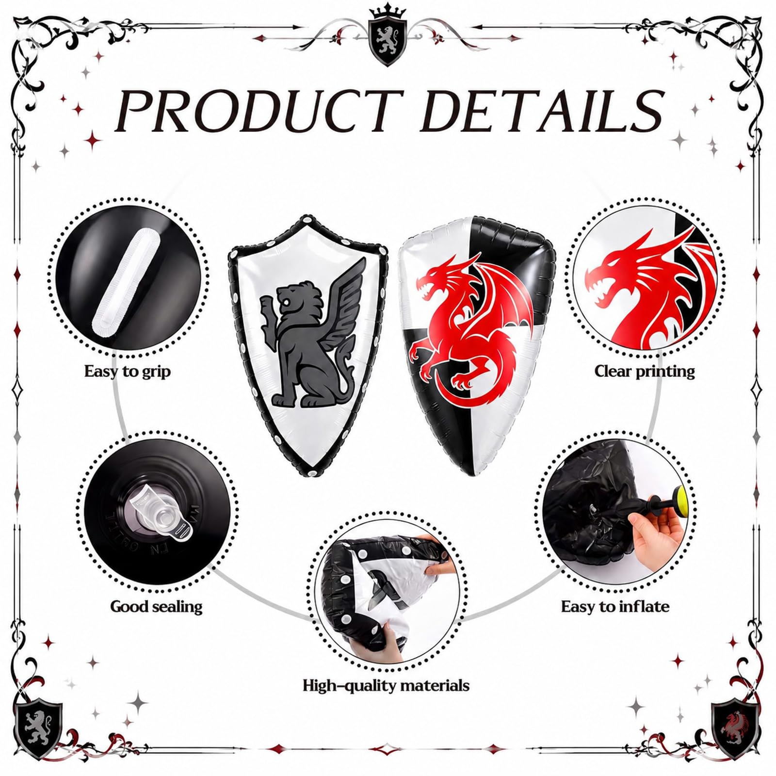 Gemscream Lot de 12 boucliers gonflables pour fête médiévale - Motif double dragon - Pour l'été, la piscine, les fêtes d'anniversaire, les activités de cosplay