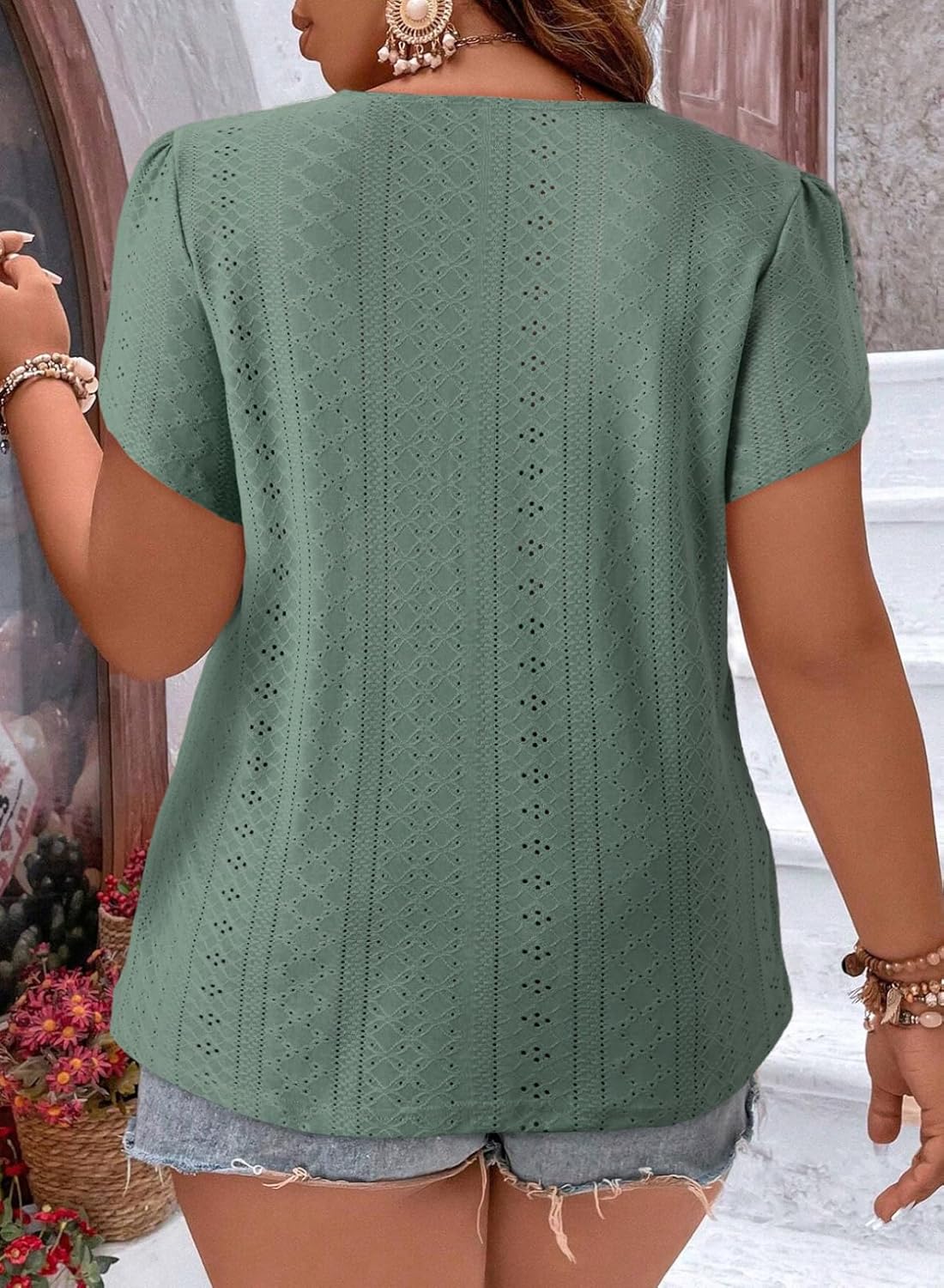 Eytino Womens Plus Size Tops Lace V Neck Petal Short Sleeve Blouse Eyelet Hollow Dressy Casual T Shirts(1X-5X) - Image 2