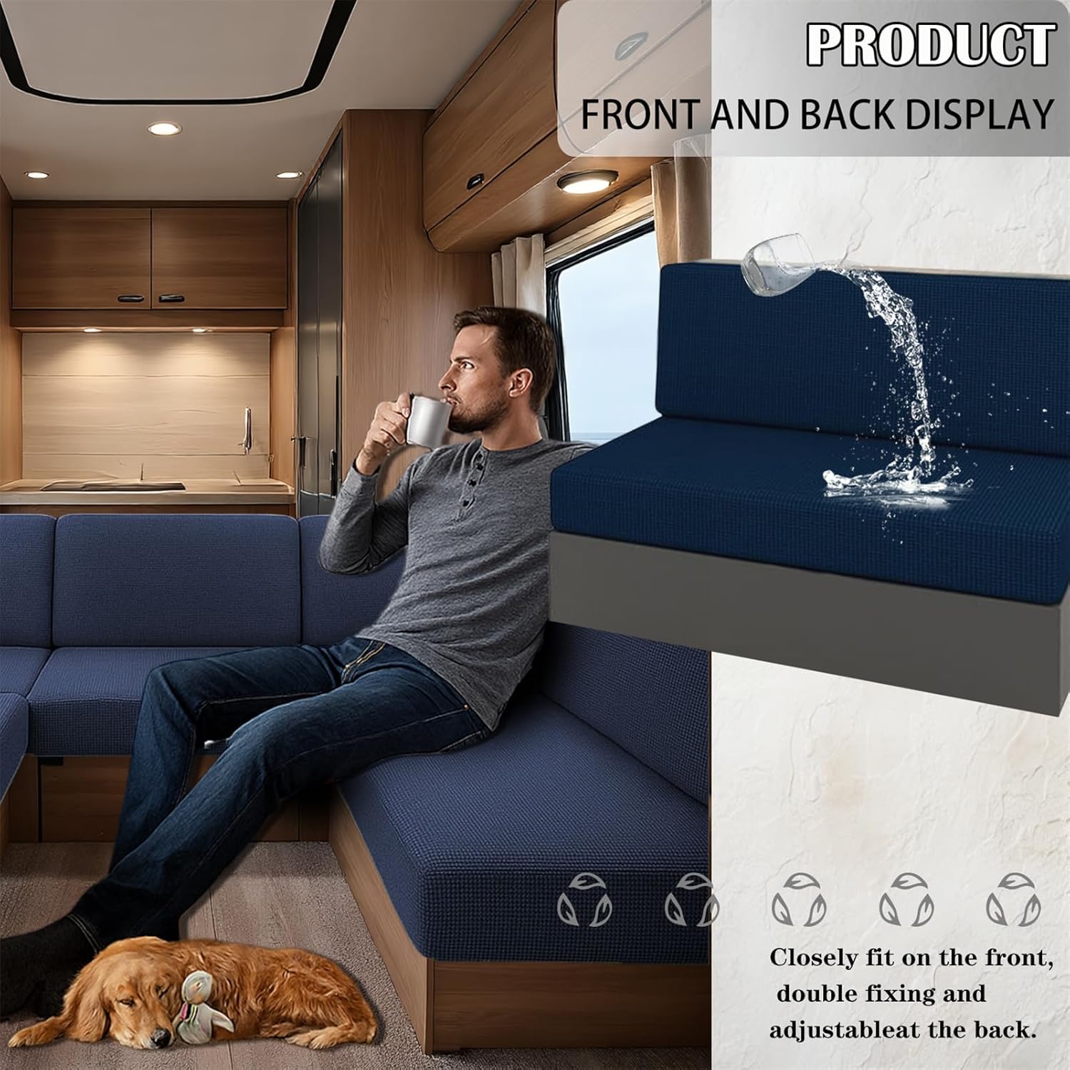 Stretch RV Cushion Seat Covers Waterproof for Caravan Bench Dinette, Jacquard Sofa Seat Protector with 2 Elastic Straps Multi Size Fitted Slipcover for Camper Indoor (Navy Blue,L190-220cm W 65-95cm)