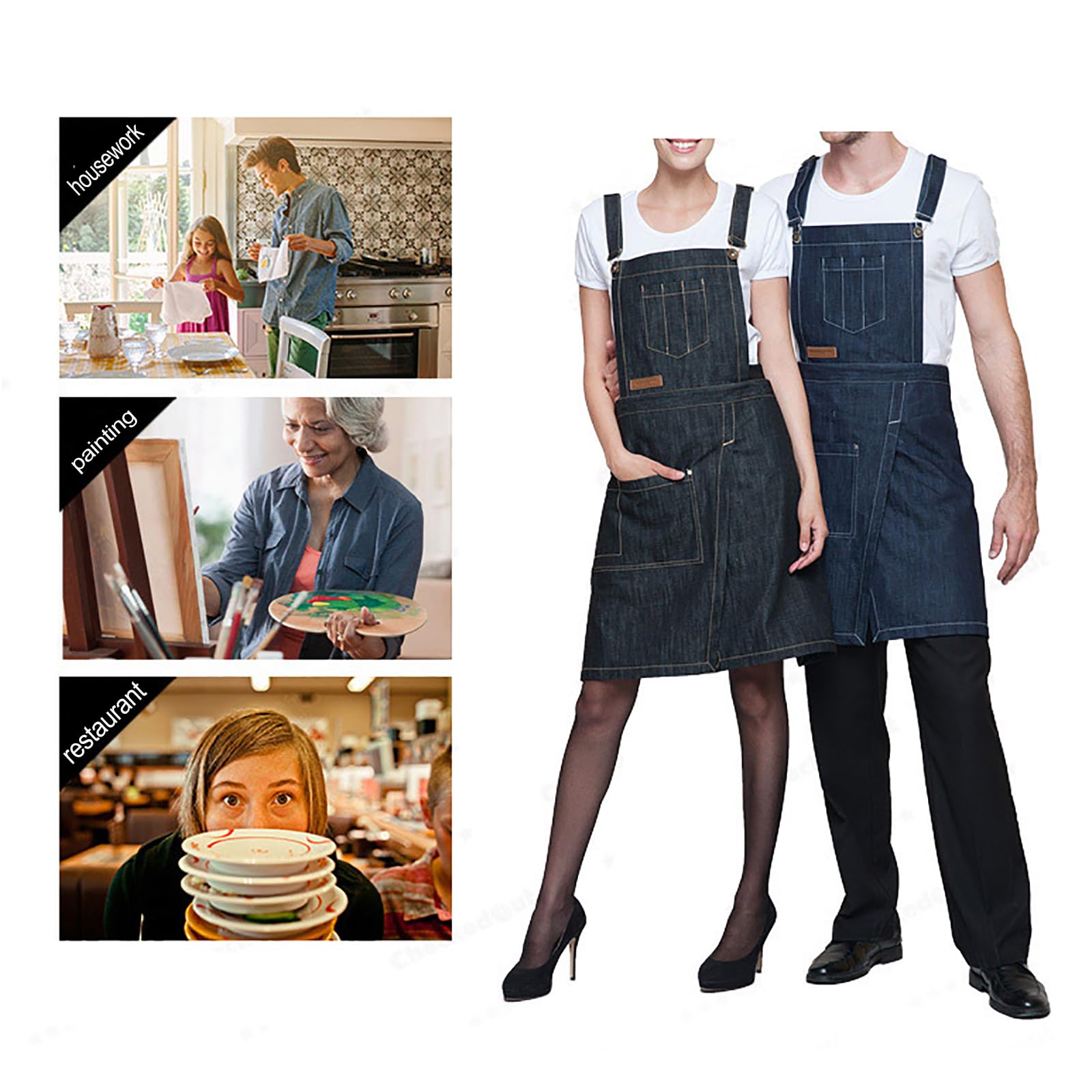 Tablier de cuisine en denim unisexe avec dos croisé réglable avec poches pour chef cuisinier peinture