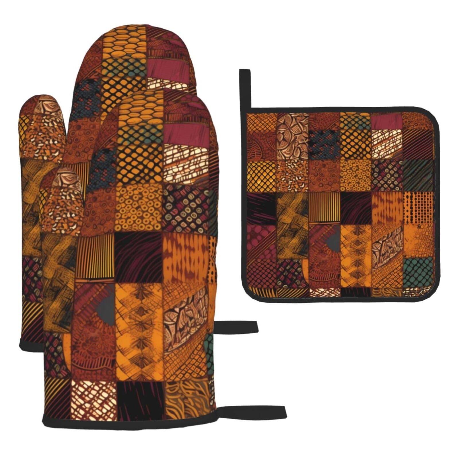 3 Piece Oven Mitts and Pot Holders Set Heat Resistant Oven Gloves and Potholders BBQ Gloves Hot Pads African Style Patchwork Cooking Gloves for Kitchen Baking Grilling