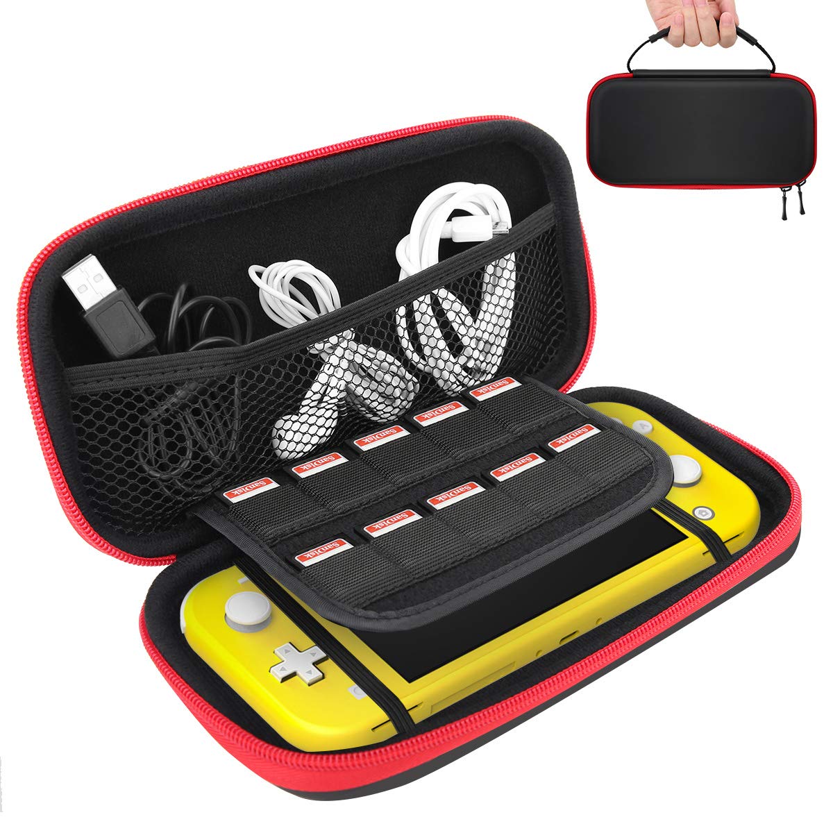 TiMOVO Carrying Case for Nintendo Switch Lite, Durable Hard Shell Portable Bag Game Storage Handbag with Handle for Nintendo Switch Lite Console, Game Cards & Accessories - Black & Red