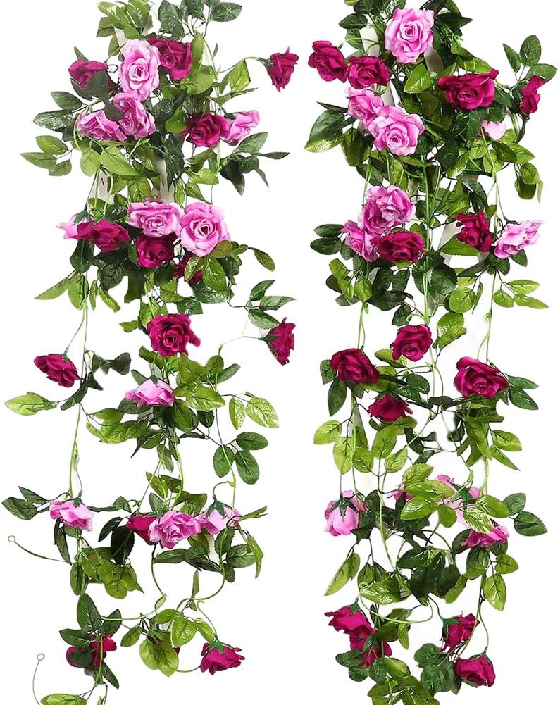 JUSTOYOU 2pcs 7.8FT Double Color Artificial Fake Rose Garland Vines Hanging Silk Flowers Artificial Flower for Outdoor Indoor Wedding Wall Badroom Decoration(Magenta)