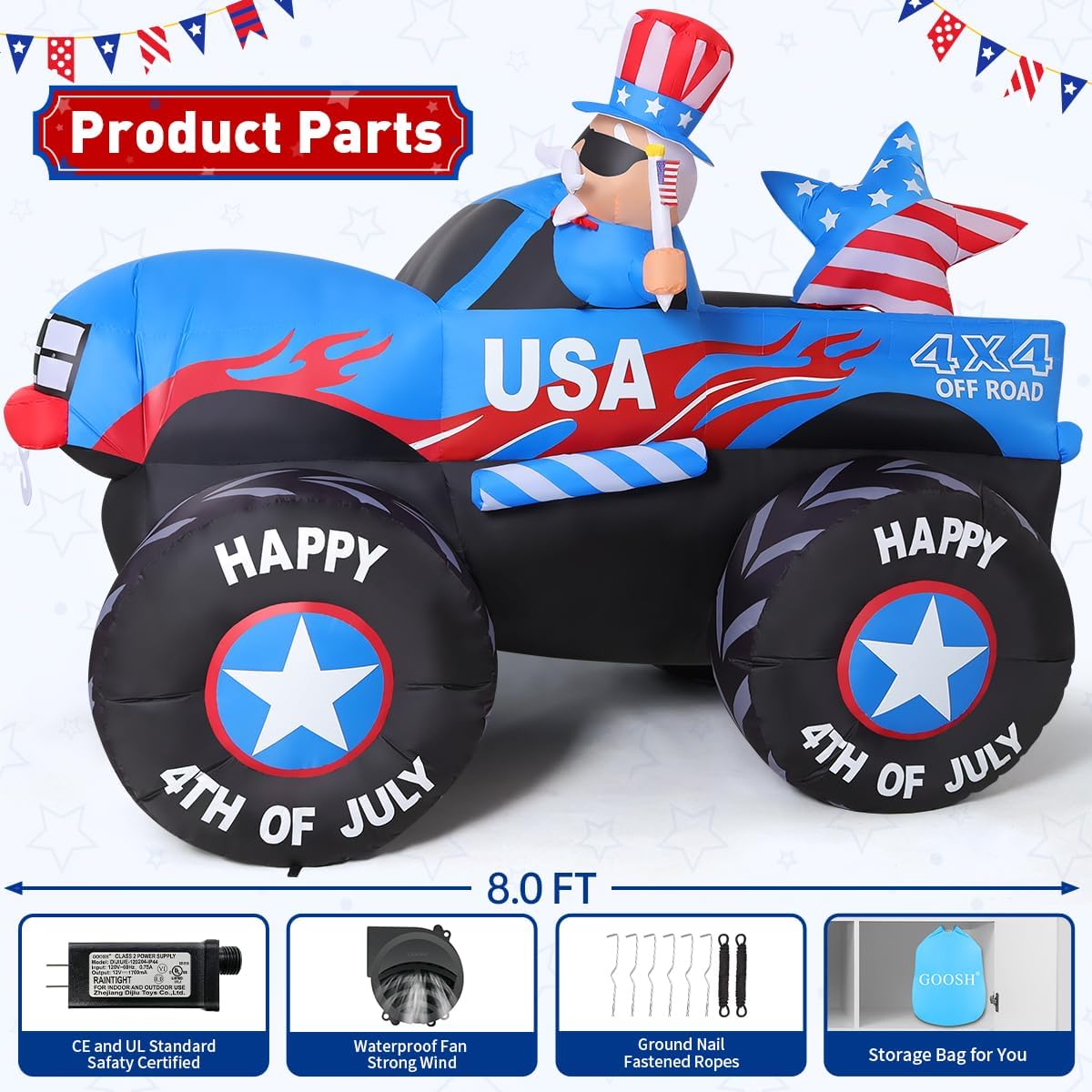 GOOSH 8 FT Long 4th of July Inflatables Monster Truck Decorations Blow Up Patriotic Independence Day Memorial Day with Uncle Sam with Built-in LEDs for Garden Lawn Indoor Party Decor