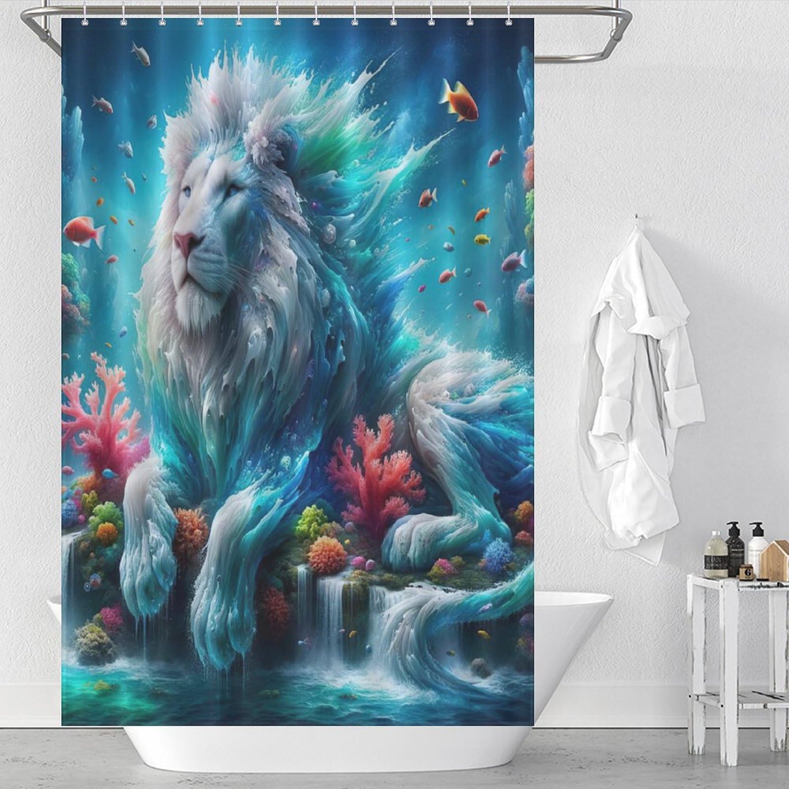 Rideau de douche lion lavable et imperméable avec 12 crochets
