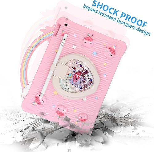 Miniatura 4 de Funda de unicornio con mango de arco iris súper linda compatible con iPad 7 2019 para niños y niñas, con correa de mano y soporte giratorio de 360,