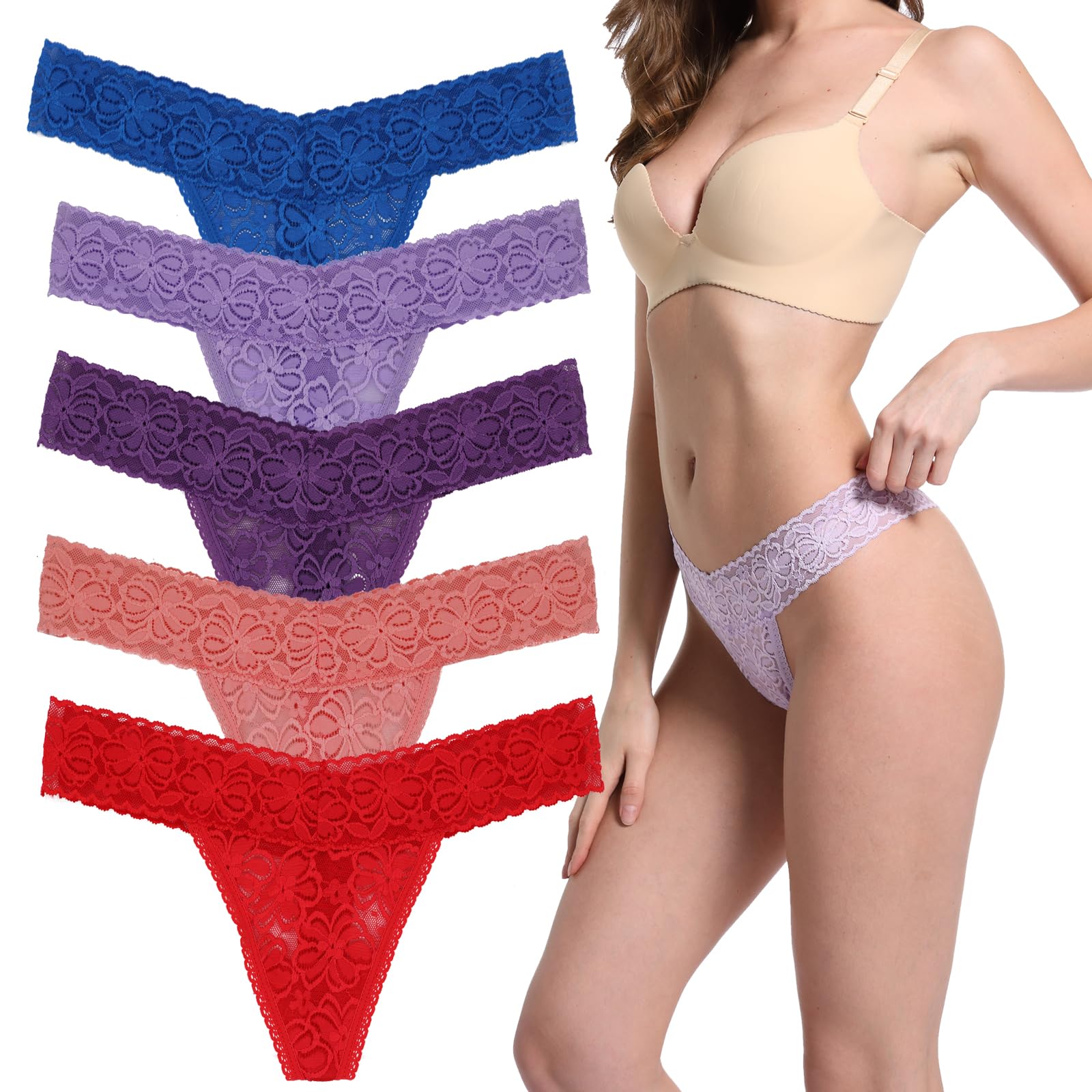 Lace Thongs For Women Plus Size Sexy Underwear T Back Stretch Womens Thongs Underwear 5/6/10 Pack