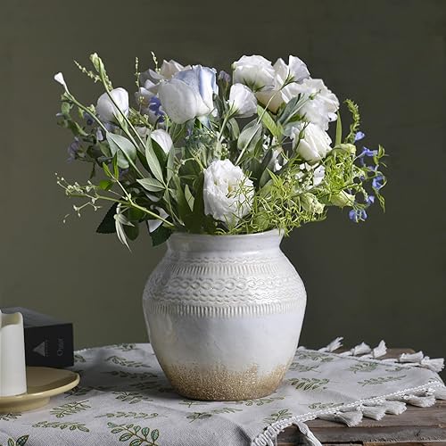 Miniatura 10 de Quoowiit Jarrón de cerámica rústico estilo casa de campo, jarrón de flores verde envejecido para decoración del hogar, jarrones decorativos bohemios
