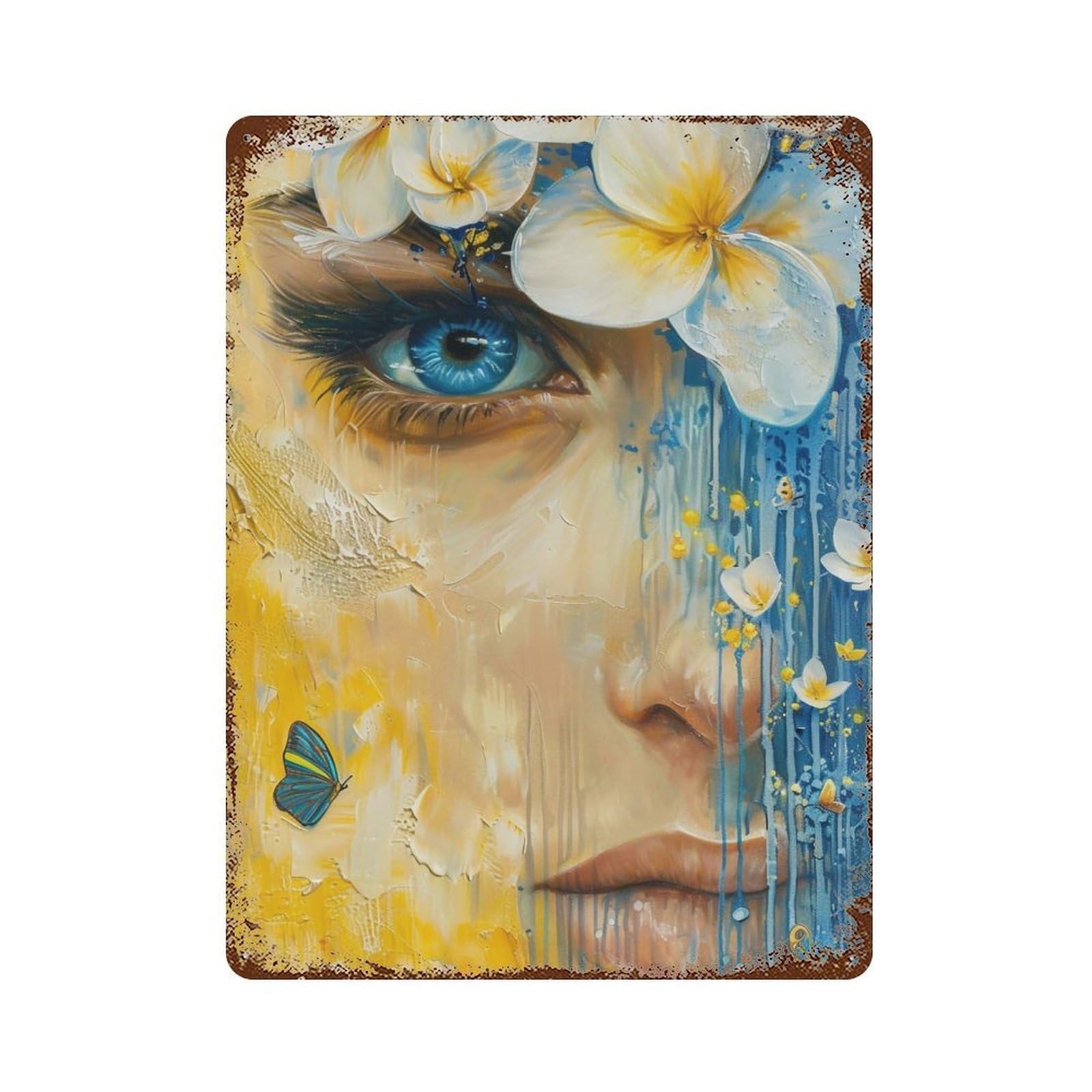 YHGERTKU Blue Eye Floral Butterfly Woman Surreal 03 Wall Art Retro Iron Vintage Metal Tin Sign Poster Modern Decor for Living Rooms Gift 40x30cm