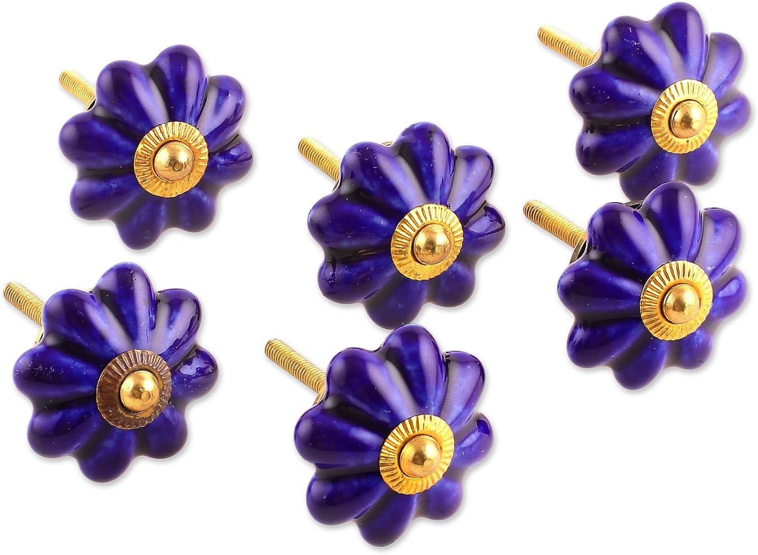 NOVICA Blue Ceramic Metal Floral Decorative Cabinet Knobs 'Floral Beauties In Indigo' (Set Of 6, Screws Included)