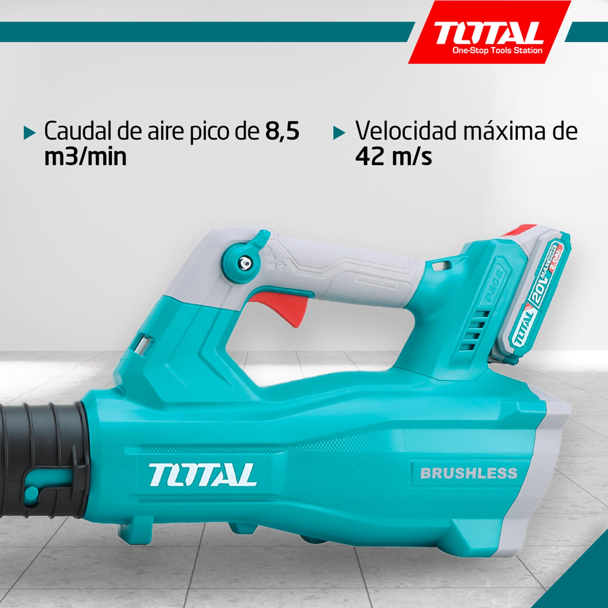 TOTAL - Soplador Brushless a Batería - 83 x 25 x 3 cm - Azul - Volumen de 8,5 m3/min - Soplador con Control de Velocidad Variable para Limpieza de Hojas