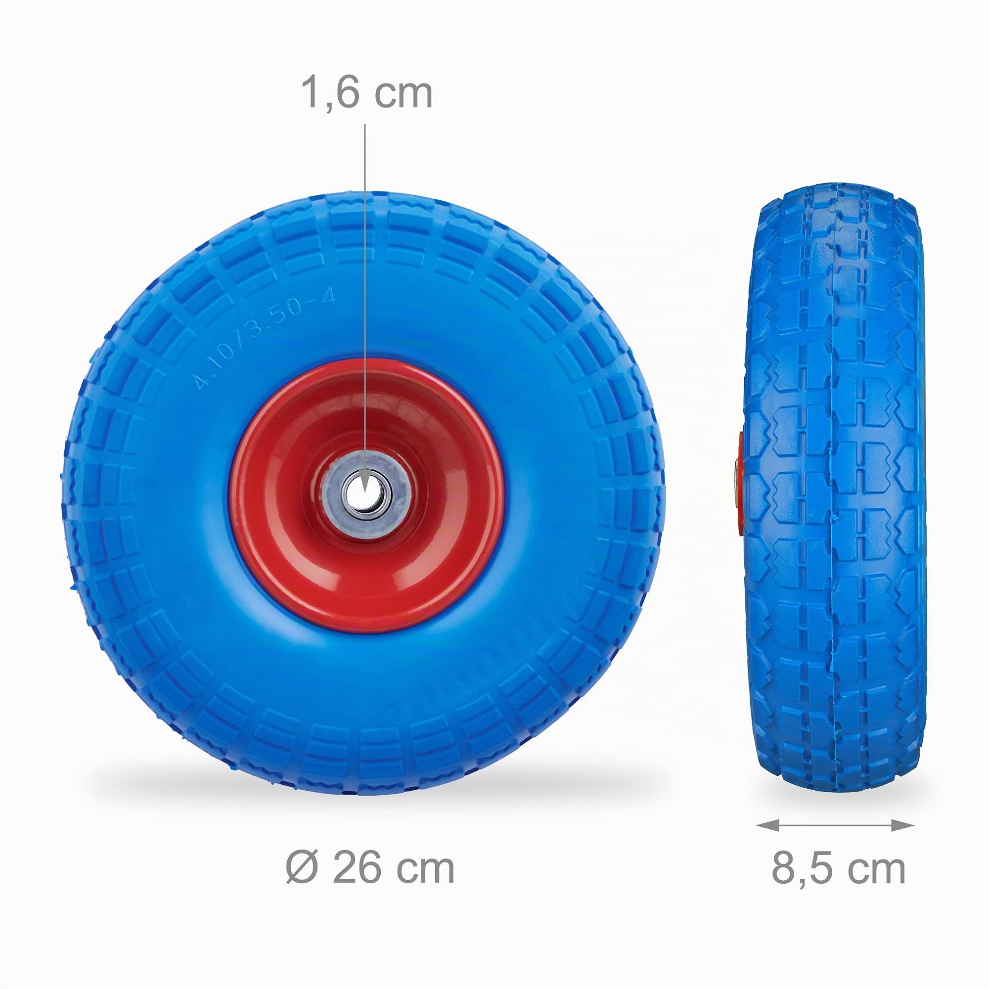 Relaxdays Roue de Diable Set de 2, Caoutchouc 260x85 mm, increvables, 16 mm, 4.1/3.5-4 essieu, jusqu'à 150kg, Bleu-Rouge