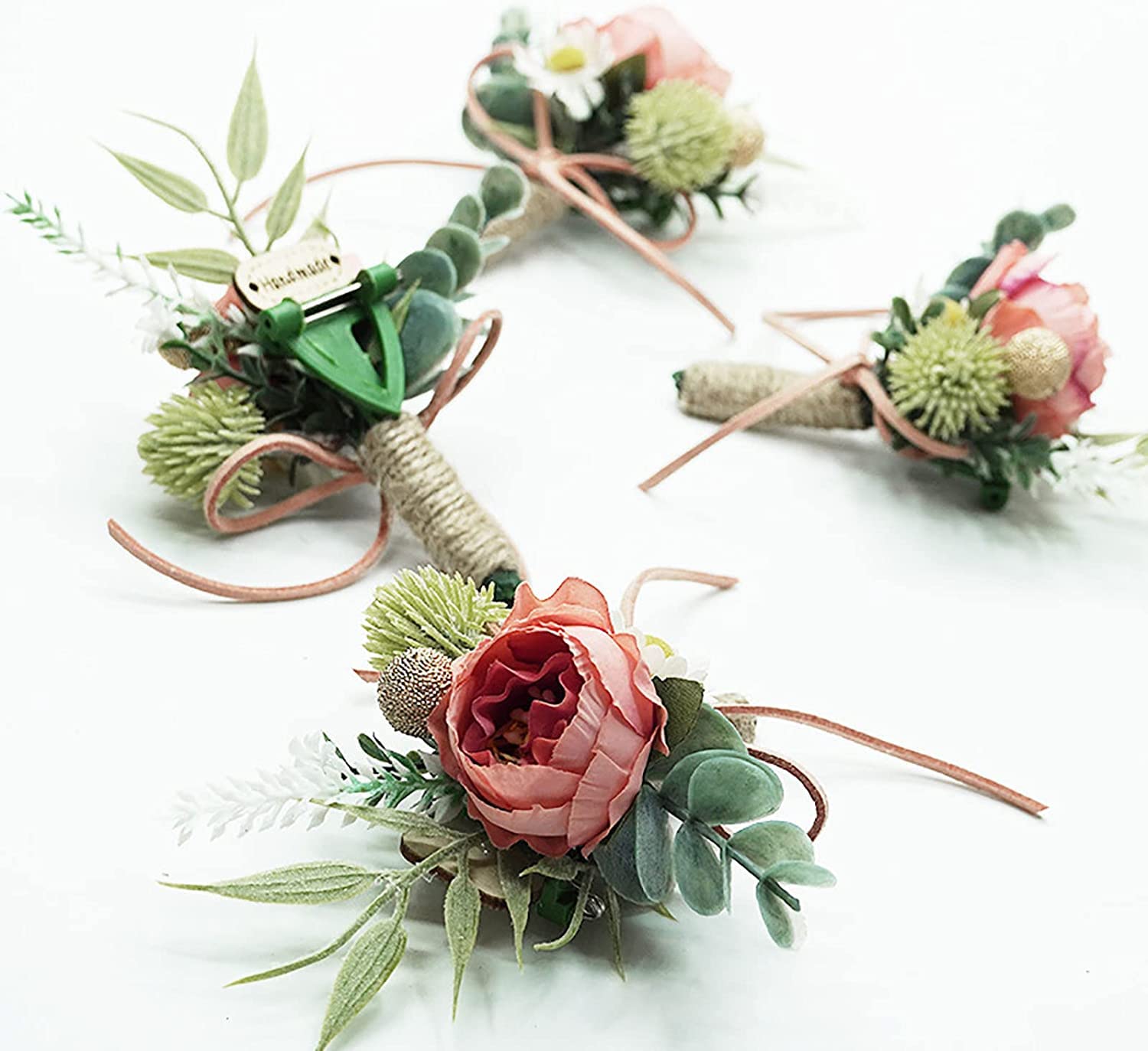 Set di 2 bouquet da polso con fiori artificiali da 7,6 cm, rosa artificiale e garofano da polso e da uomo, fiori di seta fatti a mano, per matrimoni, accessori per abiti
