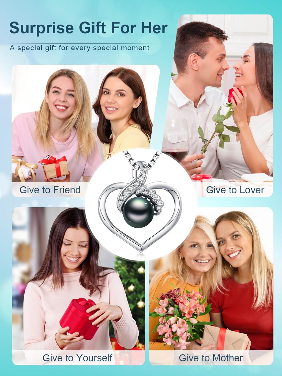 Tahitian Black Pearl Necklace Heart Gifts for Women Wife Her Valentines Birthday Anniversary Heart Jewelry Christmas Day Gifts 925 Sterling Silver - Image 7