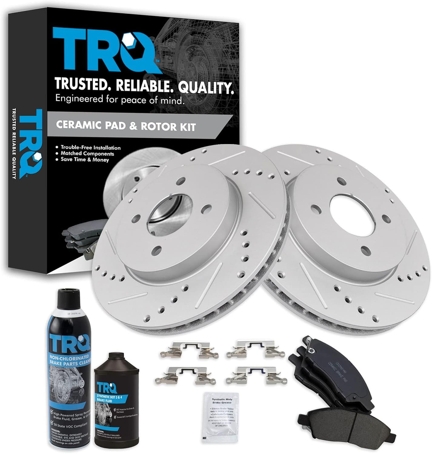 TRQ Front Performance Brake Pad & Rotor Kit Brake Chemical Kit Brake Pads Brake Rotors Set Ceramic Vented Premium G-Coated Compatible with 2012-2018 Nissan Versa 2014-2018 Versa Note