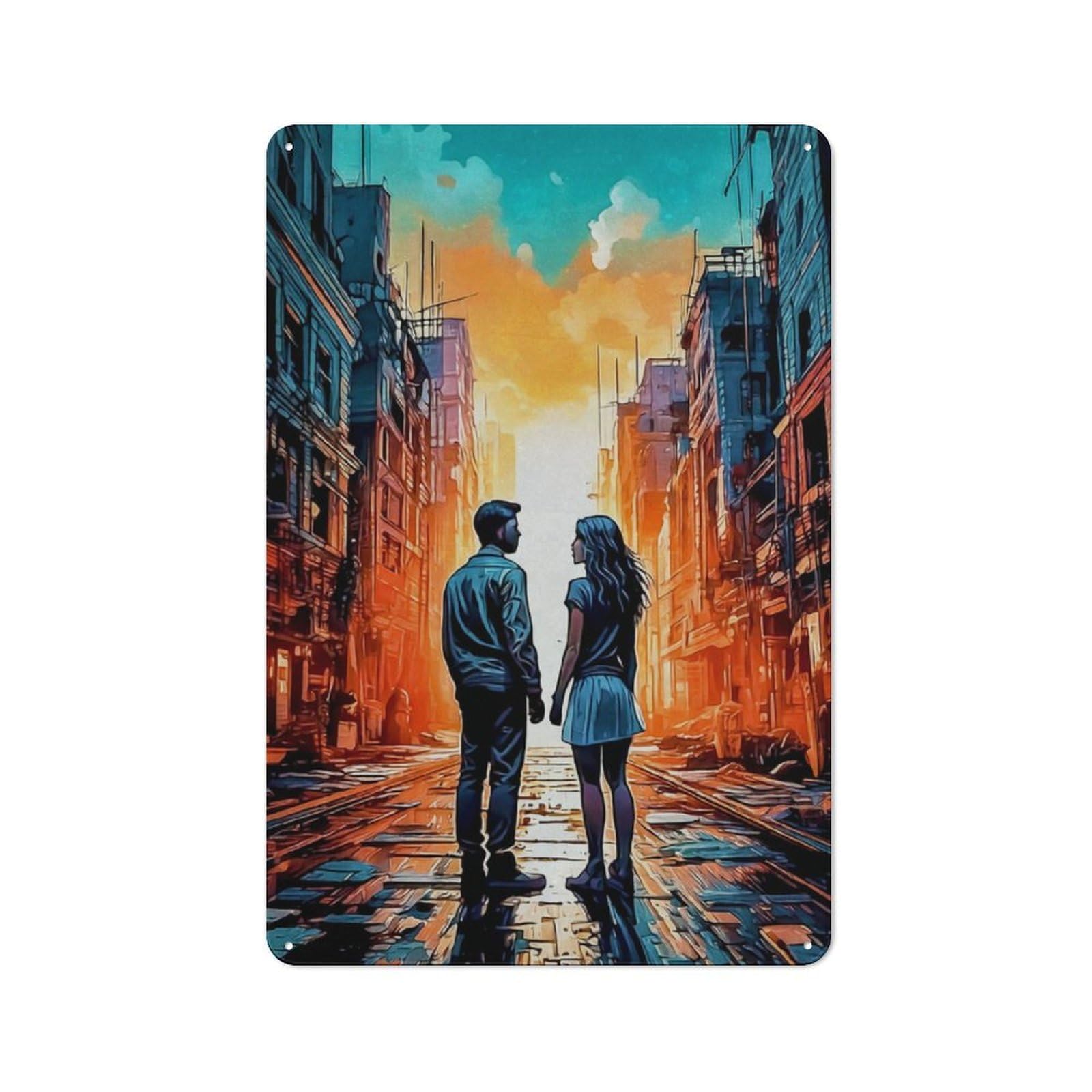 Junmoney Post-Apocalyptic Couple Tin Wall Plaque 30X20cm With For Living Room Or Hallway, For Garage, Workshop And Man Cave Decoration