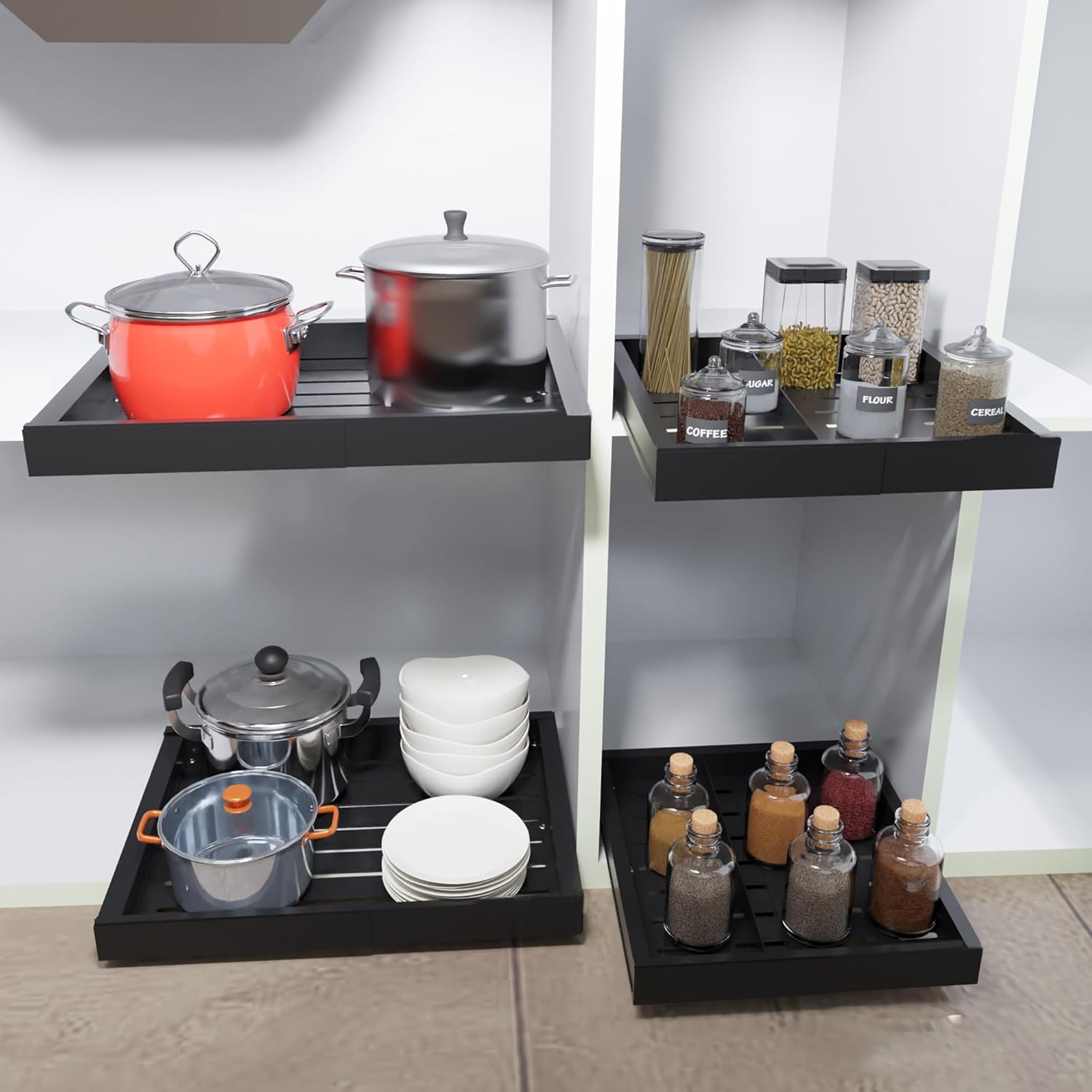 Expandable Pull Out Cabinet Organizer 16" Deep with Magnetic Divider, Adhesive Slide Out Drawers for Kitchen Cabinet, Cabinet Pull Out Shelves, Adjustable Width 12"-20" Midnight Black