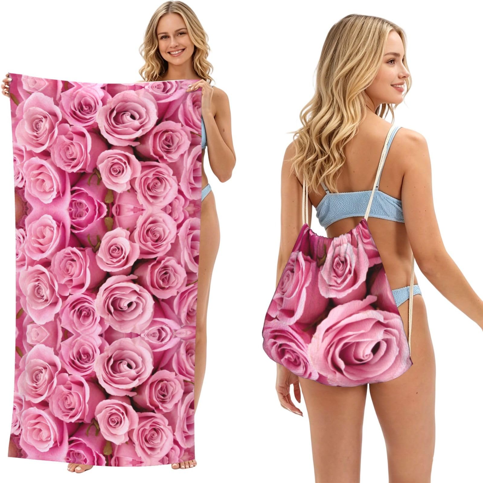ESNAIUVCD Rose Print Beach Towel For Adults,Towel With Drawstring Bag, Travel Pool Swimming Sports Shower Sand Free Quick Dry Bath Towel For Pool, Beach, Yoga- 180x60cm