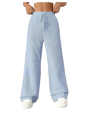 Womens Striped Wide Leg Pants Knot Front High Waisted Baggy Casual Lounge Boxer Pants