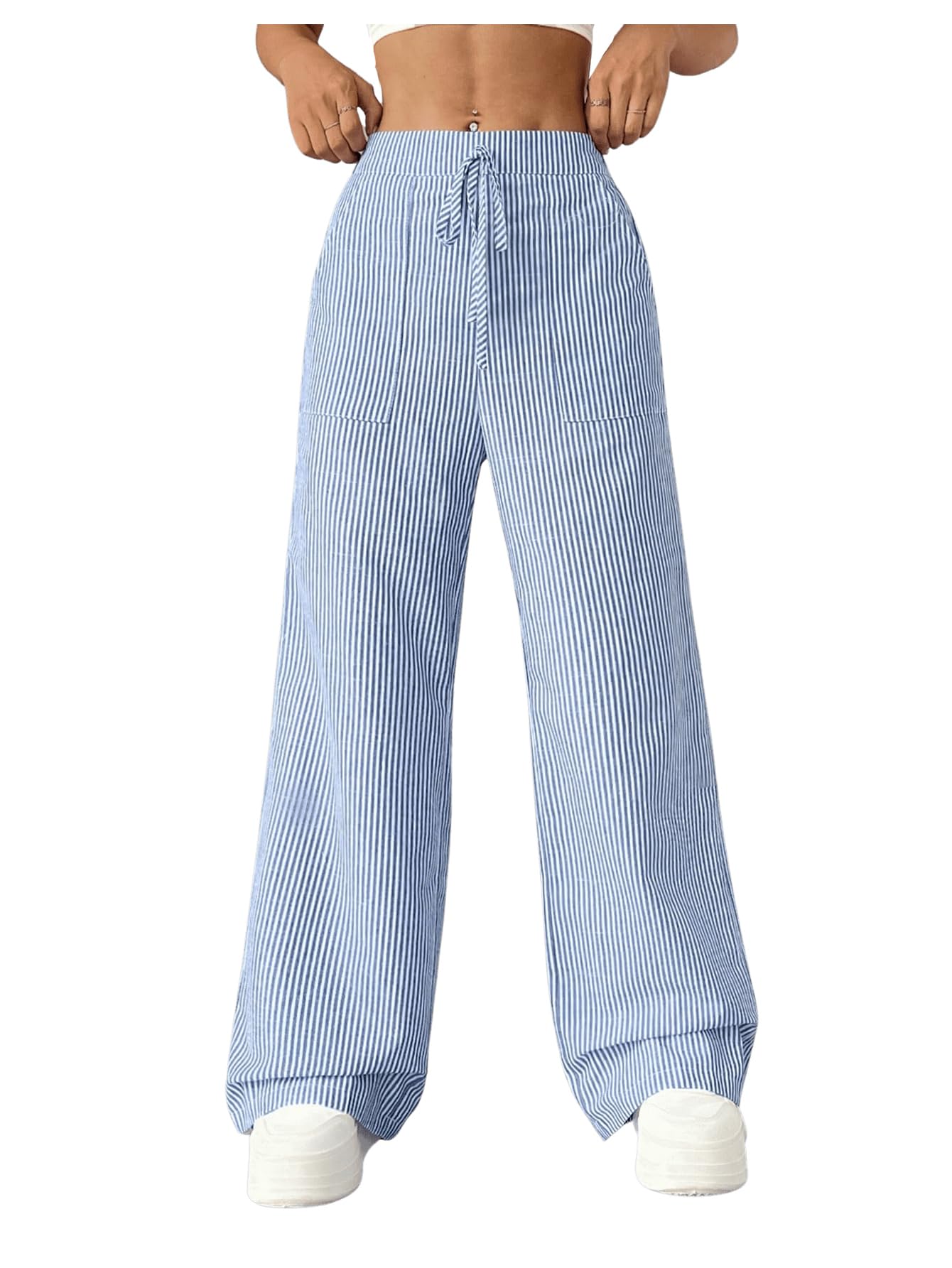 Womens Striped Wide Leg Pants Knot Front High Waisted Baggy Casual Lounge Boxer Pants