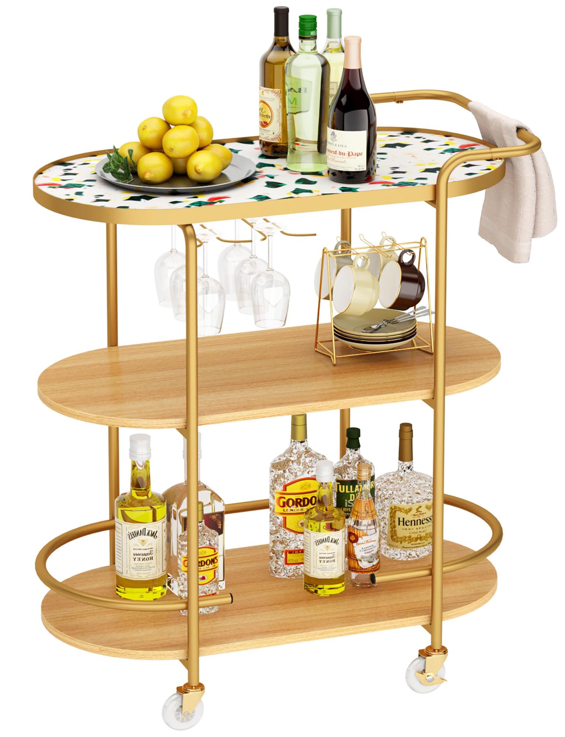 Soges Gold Bar Cart, 3 Tiers Home Bar Serving Cart On