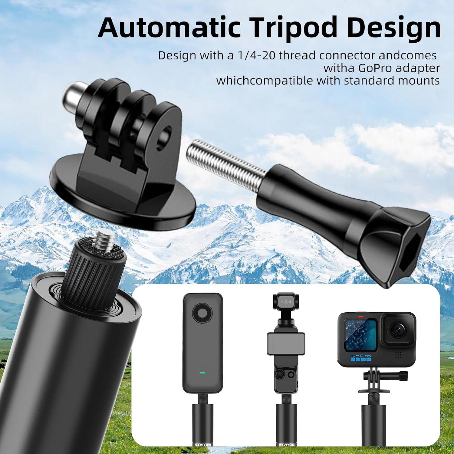 65 "Auto‑Open Invisible Selfie Stick Tripod for Insta360, GoPro, DJI