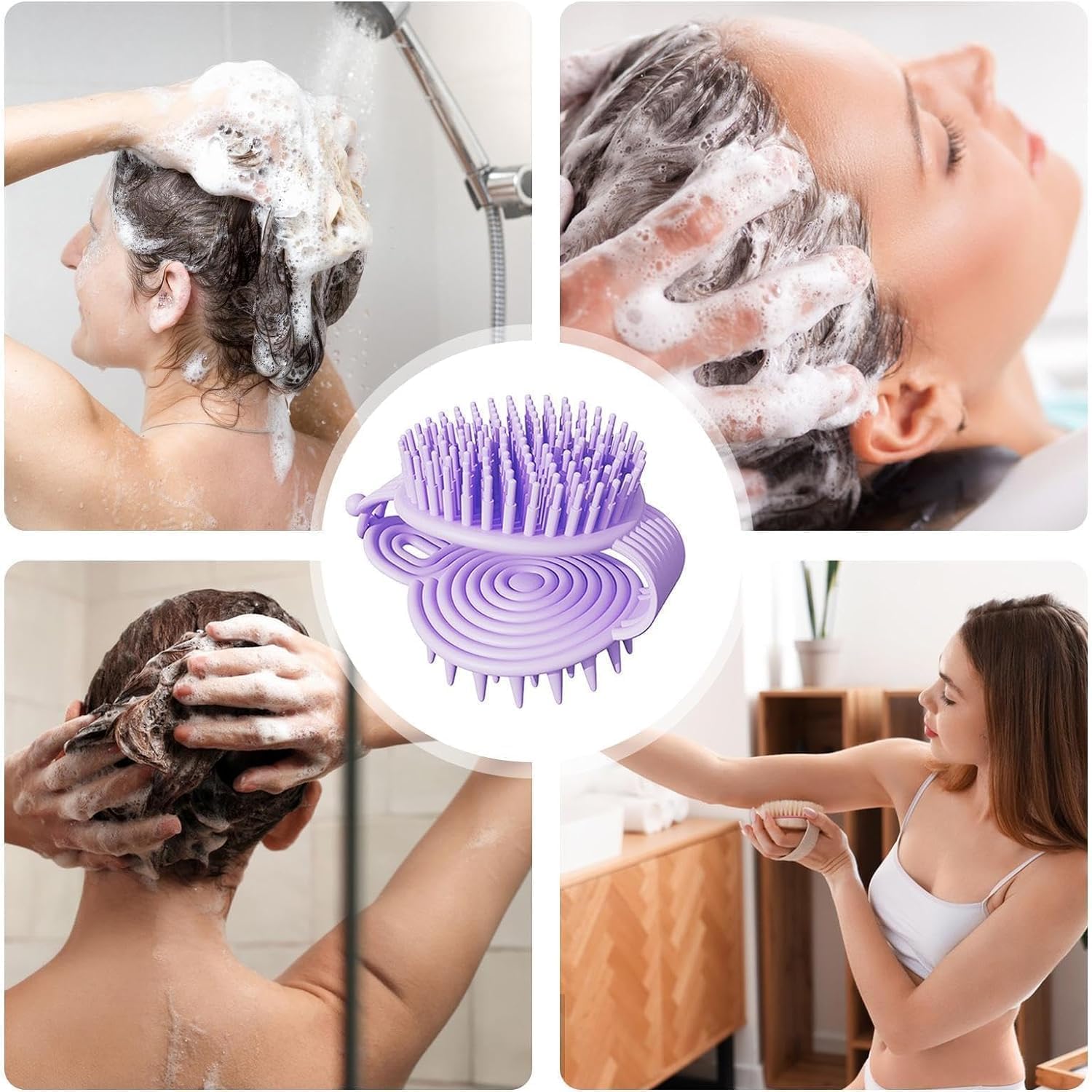 MANTHUMI 2 in 1 double sided shampoo brush silicone soft bristles brush with hanging handheld scalp massager brush cleaning 3