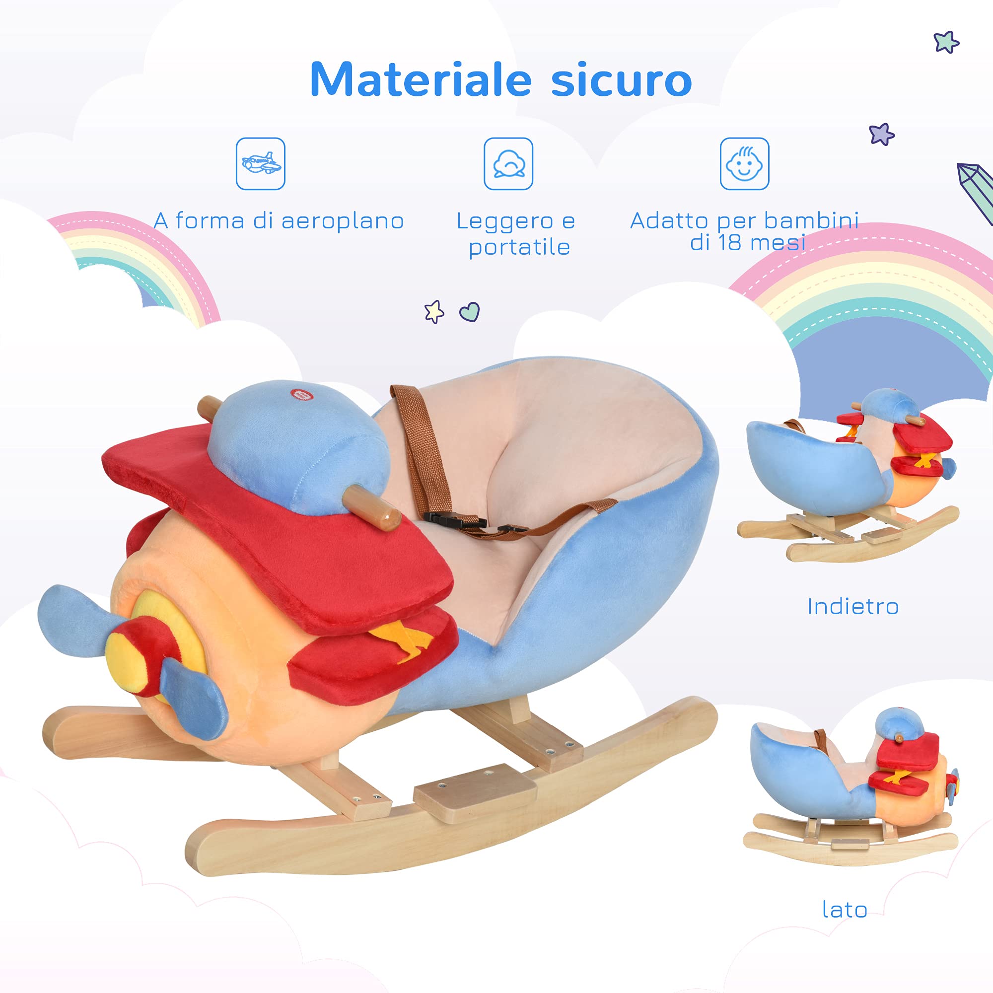 HOMCOM Cavallo a Dondolo a Forma di Aeroplano per Bambini 60x33x45cm | Età Superiore a 18 Mesi, Cacalluccio a Dondolo, Musica Incorporata, Legno Alamo, Max:60kg