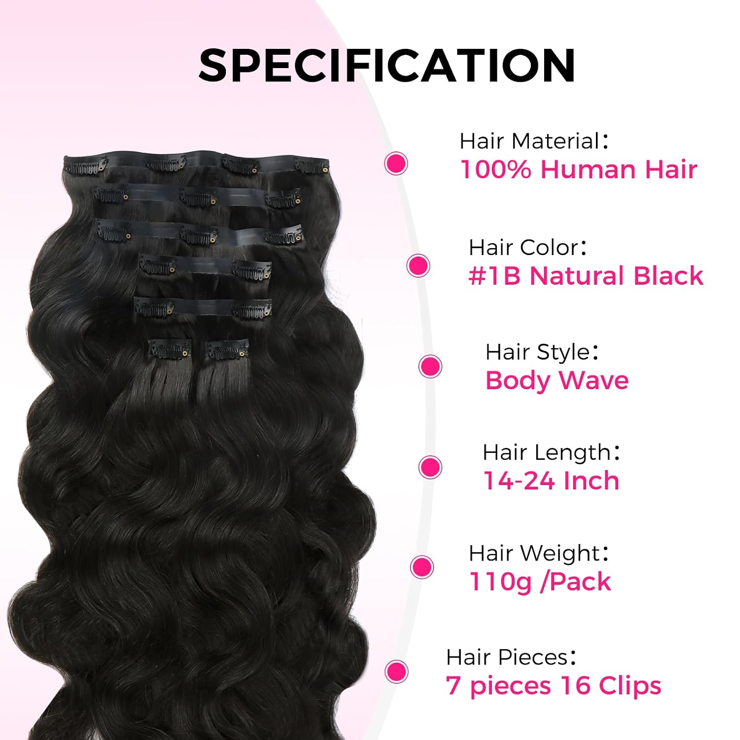 Lashey Invisi Edge Clip in Hair Extensions, 7pcs 110g 16 Inch Natural Black Seamless Clip in Hair Extensions Human Hair Body Wave Real Remy Human Hair