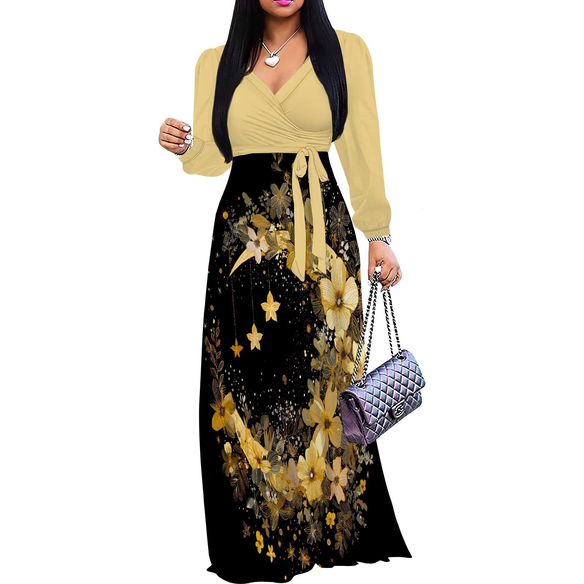 PinkPatty Women's Plus Size V Neck Long Sleeve Wrap Maxi Dress with Belt