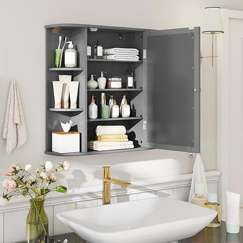 Miniatura 10 de Tangkula Armario de pared de baño con espejo, moderno botiquín con puerta de espejo, 4 estantes internos y 6 estantes laterales abiertos,