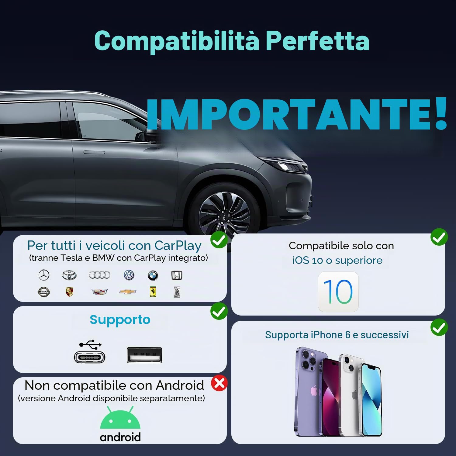 SALCAR Adattatore wireless CarPlay per iPhone – 2025 Aggiornamento | Wireless CarPlay USB Dongle per auto | Stabile e senza interruzioni | Compatibile con iOS 10+ e veicoli con CarPlay di fabbrica