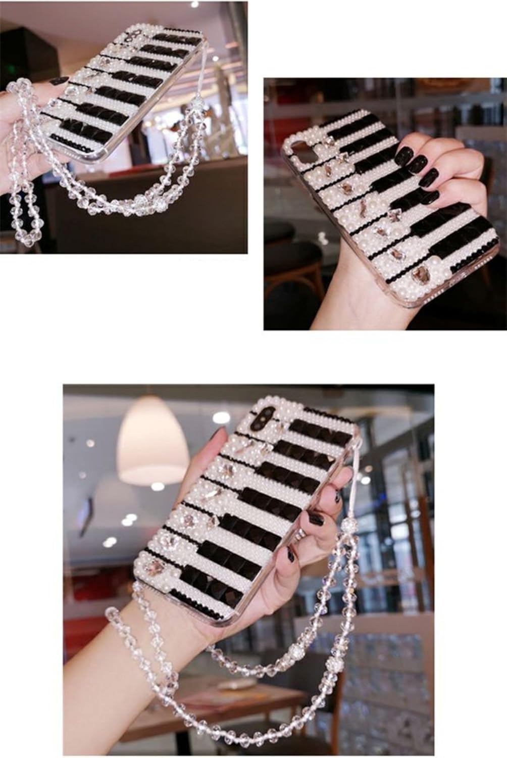 Piano Key Design with Crystal Neck Strap Compatible for iPhone 13 Case, Sparkly Bling Diamond Design with Dazzling Rhinestones, Cute, Trendy (for iPhone 13,CC16)