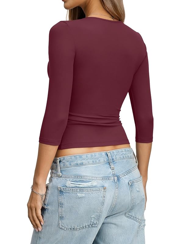 Eachyes Womens 3/4 Length Sleeve Scoop Neck Tops Casual Slim Fit T-Shirts Basic Tees Spring Summer Outfits Clothes 2026 Wine Red Small by Eachyes - Used condition - Image 6