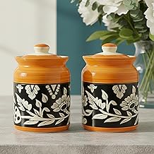 Ceramic Pickle Jars In 1000Ml(Set Of 2) | Handpainted 1 Kg Achaar Martban | Ceramic Container Set For Kitchen Storage(Pack Of 2) | Jars For Achar,Spices,Salt (Full Yellow Black Floral)