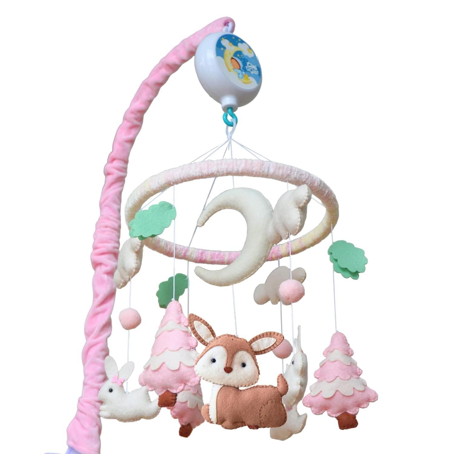 Pink Woodland Baby Mobile for Crib - Forest Animals Crib Mobile for Girls - Rotating Musical Baby Girl Mobile with 12 Lullabies - Pink Nursery Decor Gift