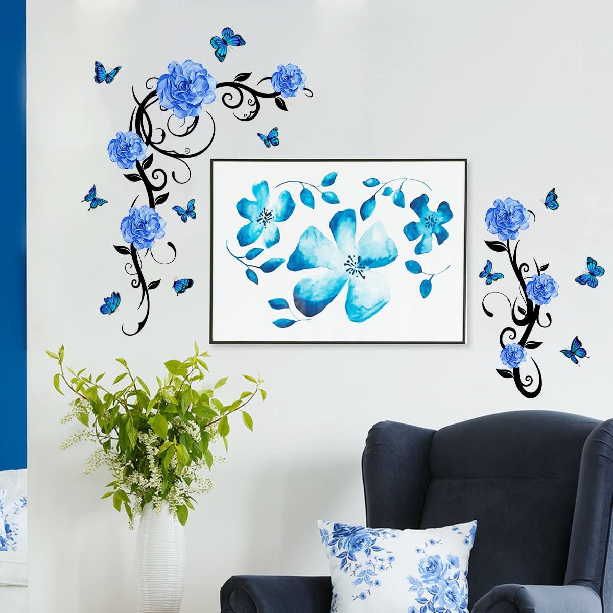 HGDESIGN Wall Sticker Blue Peony Rose Flower Tendril Living Room Bedroom Wall Decoration Home Decor - Image 2