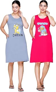 White Moon Women Nighty Printed Knee Length Night Dress Sleeveless Night Dresses for Women/Cotton Nighty for Women (Pack o... Price In India