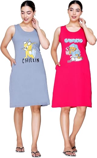 White Moon Women Nighty Printed Knee Length Night Dress Sleeveless Night Dresses for Women/Cotton Nighty for Women (Pack o...