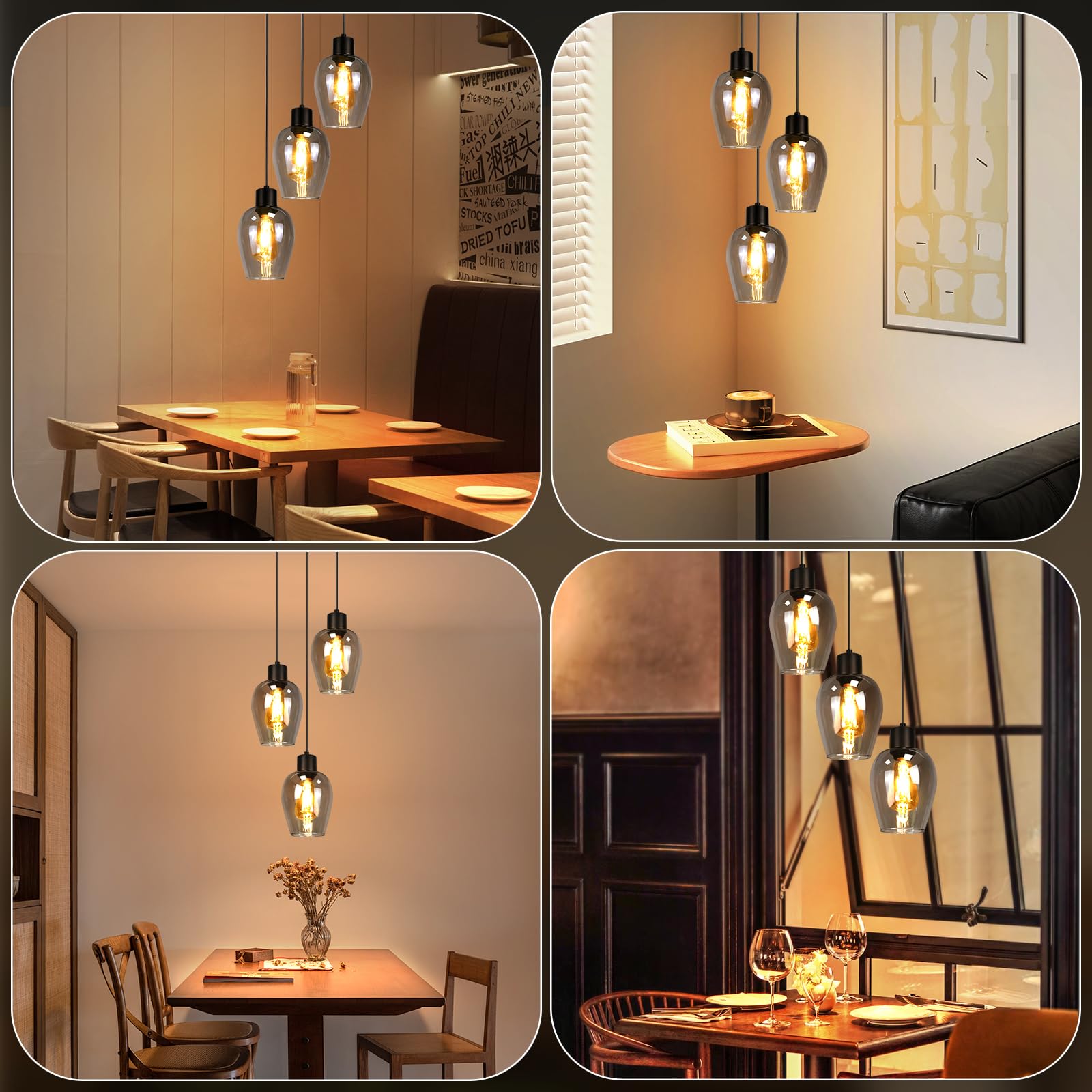 Lámpara Colgante Industrial de 3 luces Lámpara E27 de techo | colgante retro cristal ahumado para comedor dormitorio sala de estar (bombilla no incluida)