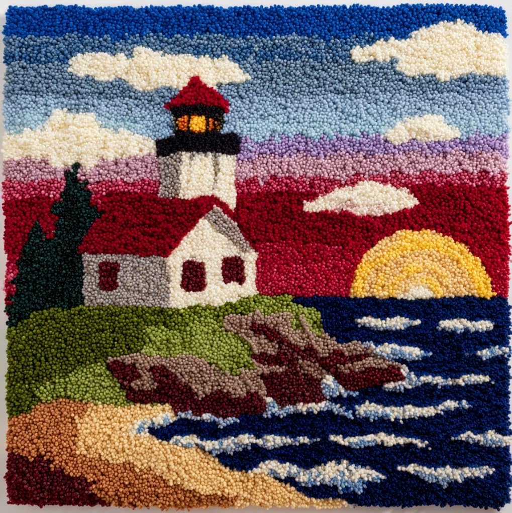 Wallustrioaw Latch Hook Cushion Kits,Lighthouse,Latch Hook Pillow Case Kits Embroidery Carpet Set Diy Needlework,17X17in