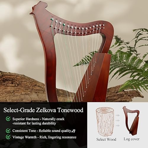 Miniatura 17 de Lyre Harpika, kit de arpa Zelkova Lyra de 17 cuerdas, instrumentos musicales de cuerda con bolsa de llave de afinación, instrucciones adicionales