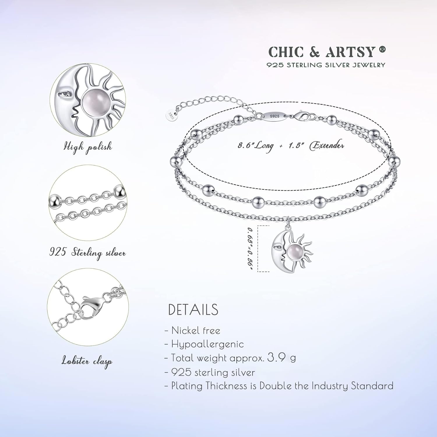 CHIC & ARTSY Women Anklets S925 Sterling Silver Dainty Layered Anklet Bracelet Adjustable Multilayer Beach Ankle Bracelet Summer Jewelry for Women 10-11 Inches - Image 5