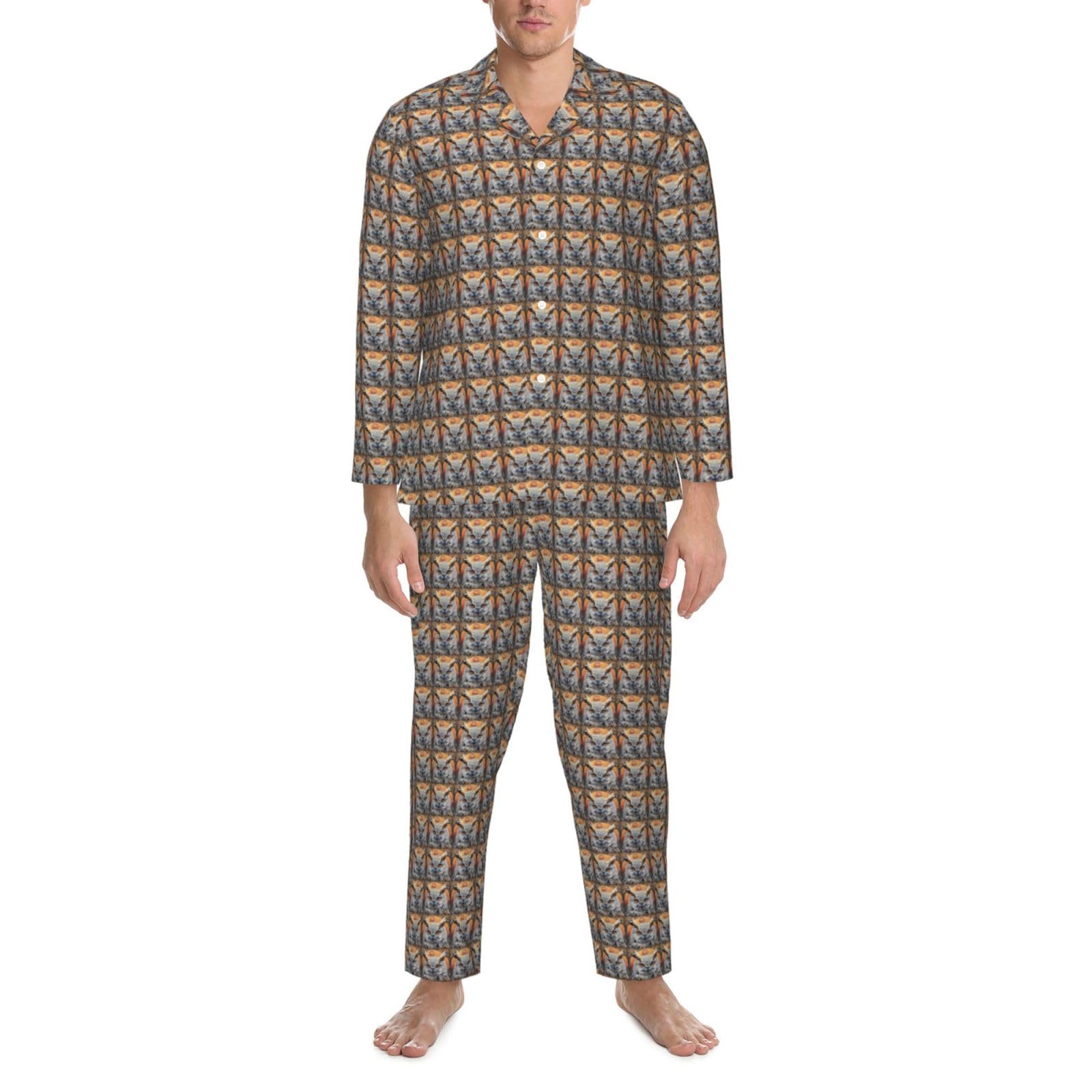 Herren-Pyjama-Set mit Eulen-Glaubens-Aufdruck, langärmelig, zweiteilig, Hauskleidung, bequeme Nachtwäsche