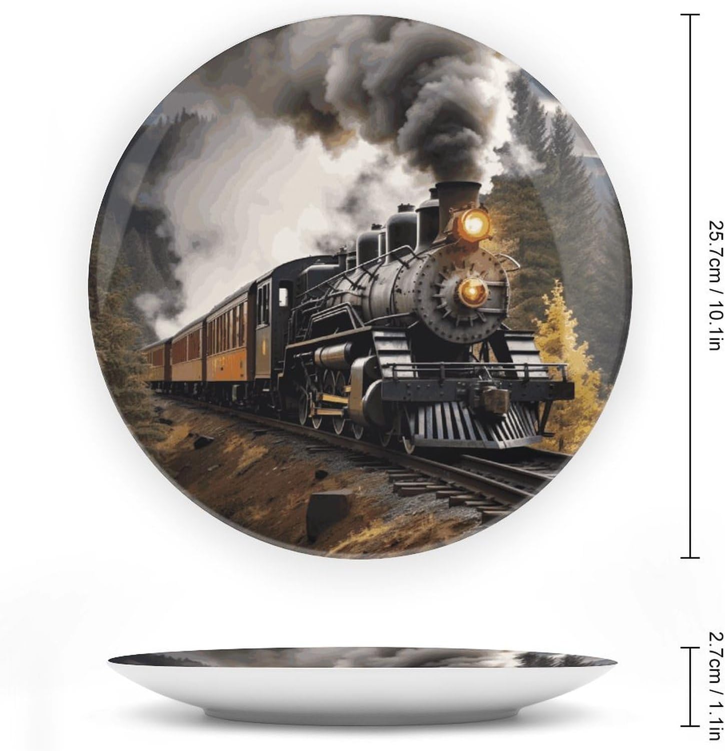 Steam Train Ceramic Plate 10inch Decorative Bone China Wall Hanging Ornament Plates Bohemian Style Dinner Plate with Display Stand Cabinet Display Plates for Home Art Decor