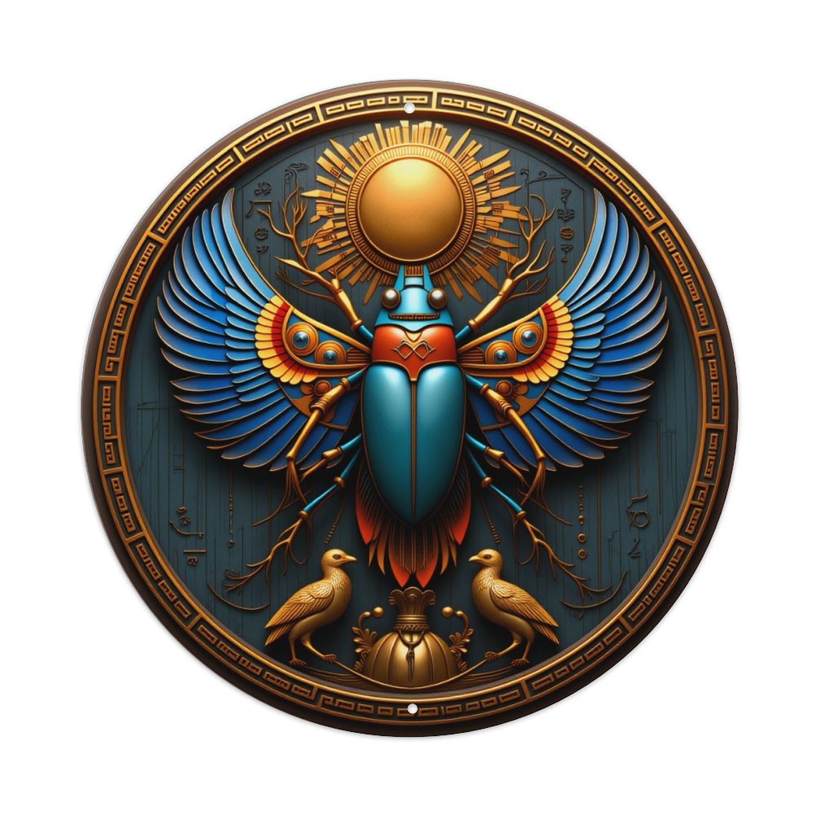 Egyptian Scarab Sun Wings Birds Symbol Round Vintage Tin Sign,Retro Wall Art,Metal Poster for Home, Bar, Garage, Cafe, Rustic Indoor & Outdoor Decor, 8x8 Inches