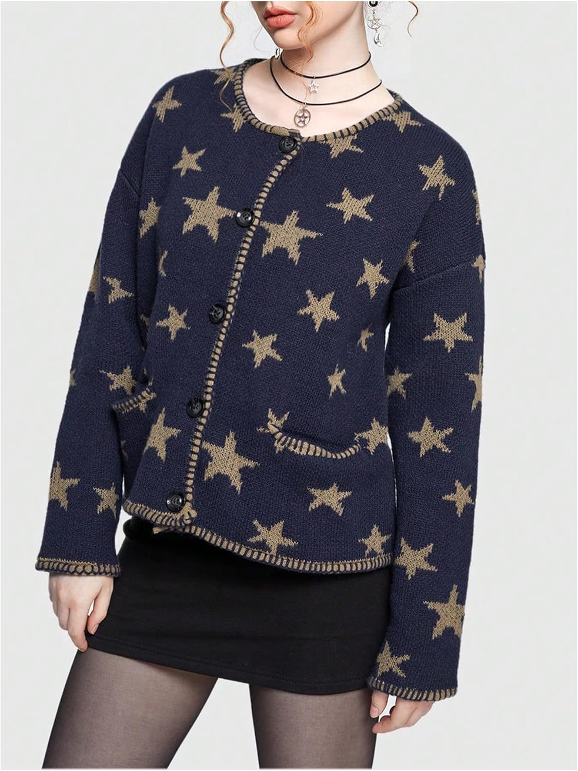 Women's Star Sweater Cardigan Goth Grunge Button Up Chunky Oversized Cardigan with Pockets Vintage 70s Outfits - Image 3