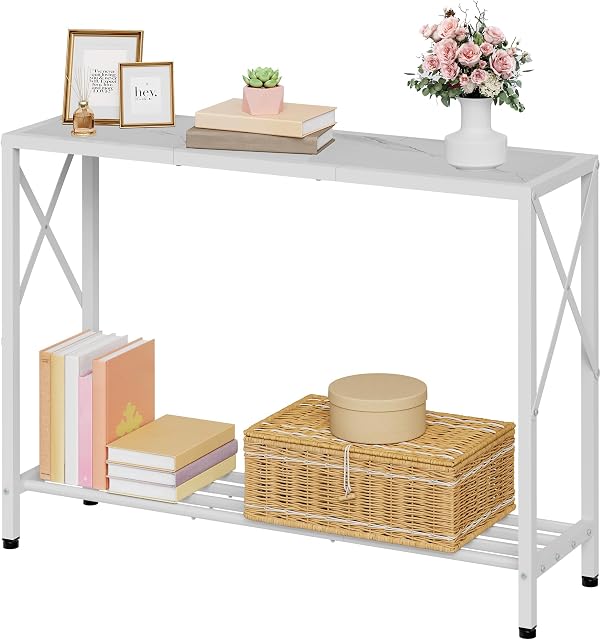 Tajsoon Tableau de la console 41.8”, 2-Tier Table d'entrée Table de canapé étroite avec étagères, Table d ́entrée avec cadre X stable, pour entrée, Hallway, salon, foyer, couloir, bureau, blanc