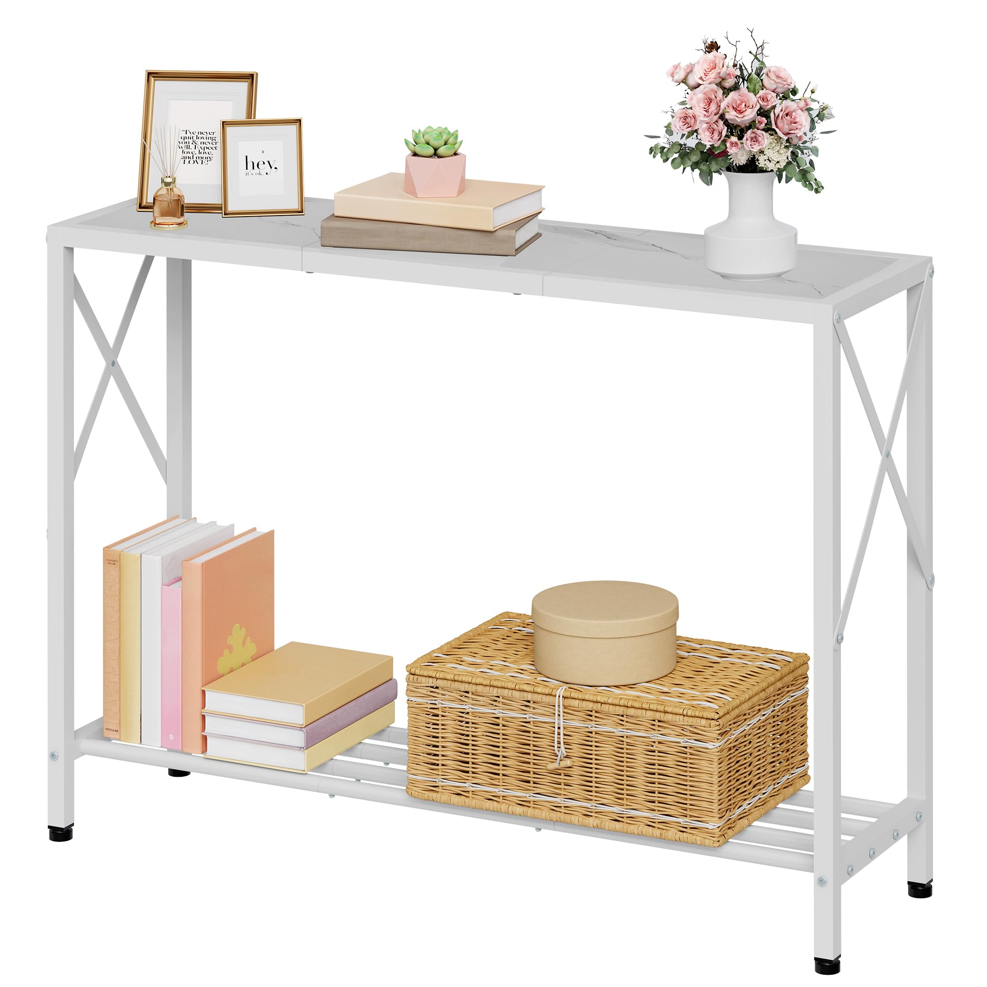 Tajsoon Console Table 41 8 2-Tier Entryway Table Narrow Sofa Table with Shelves Entrance Table with Stable X-Frame